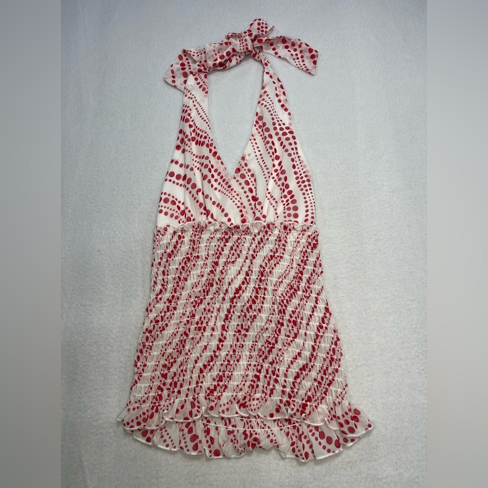 Uno Core Polka Dot Halter Top Smocked Ruffle Blouse Red White Women’s Large